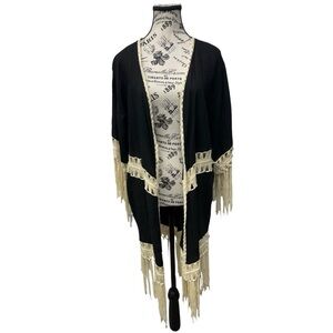 Umgee Boho Western Black Linen Kimono With Cream Crochet Fringe Size Large